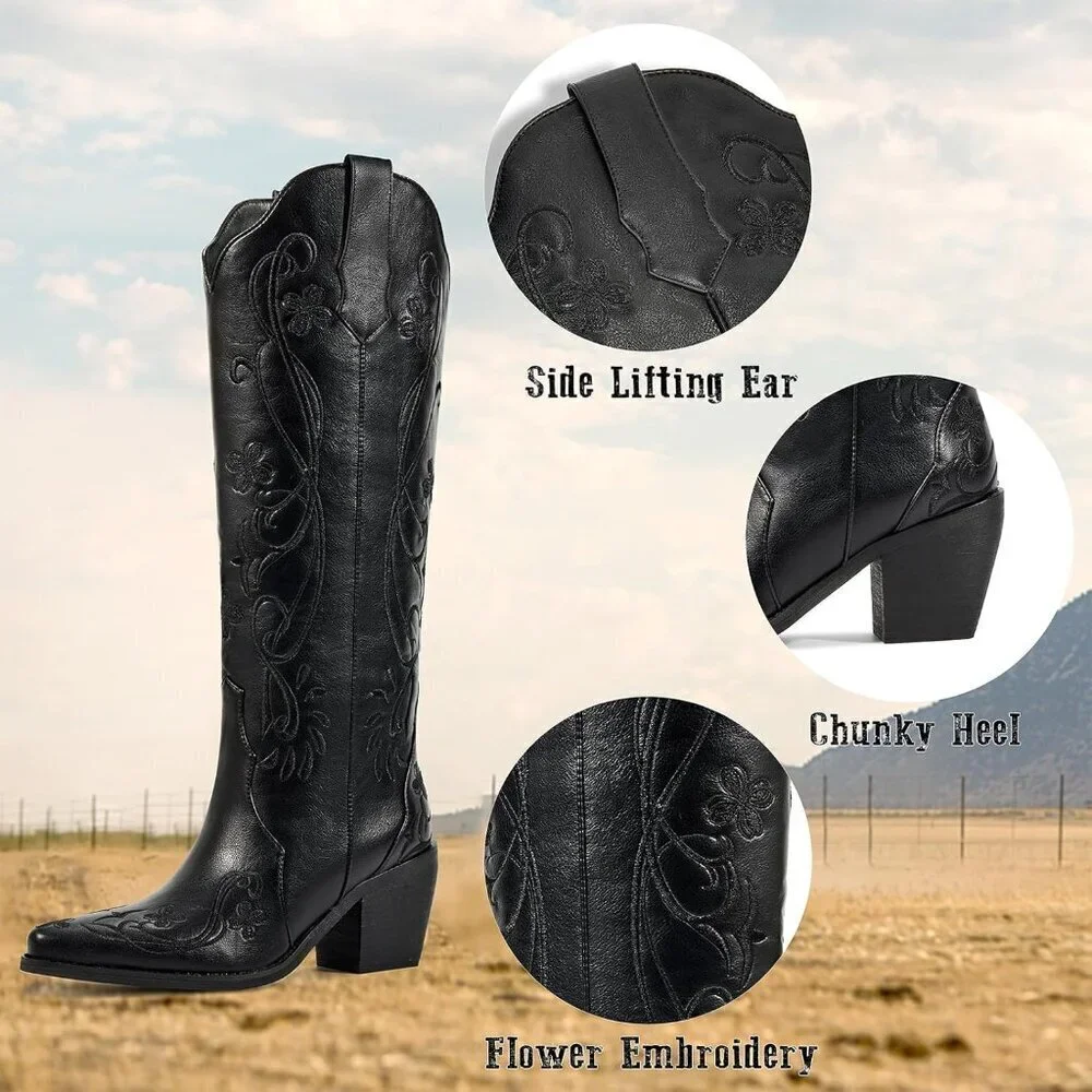 🆕Women Faux Leather Classic Black Floral Embroidered Chunky Heel Pointed Boot